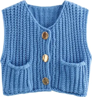 YKR Womens Chunky Knit Sweater Vest Sleeveless Button Down Cropped Cardigan Casual Knitted Crochet Vest with Pockets