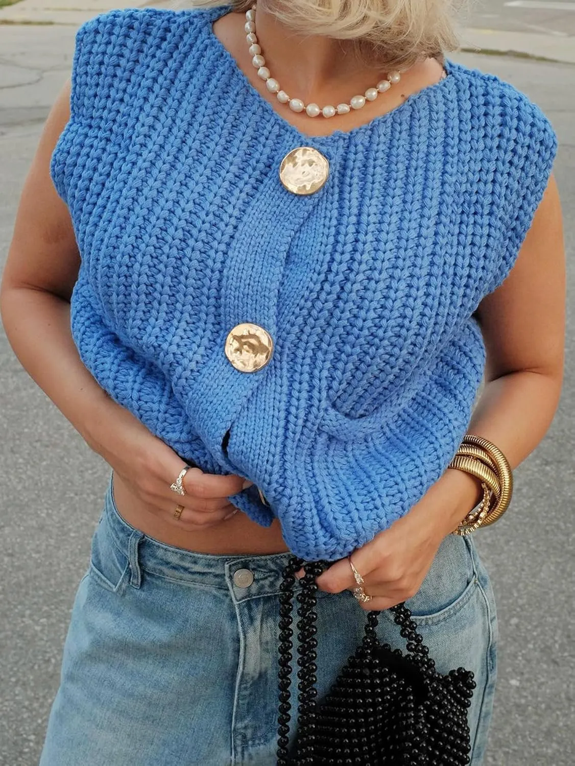 YKR Womens Chunky Knit Sweater Vest Sleeveless Button Down Cropped Cardigan Casual Knitted Crochet Vest with Pockets