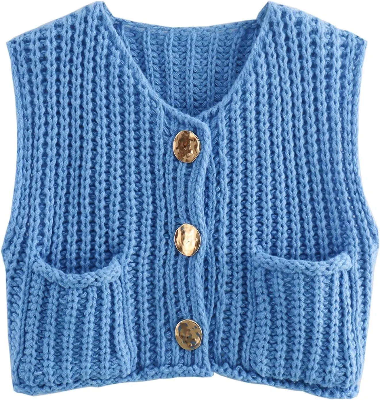YKR Womens Chunky Knit Sweater Vest Sleeveless Button Down Cropped Cardigan Casual Knitted Crochet Vest with Pockets