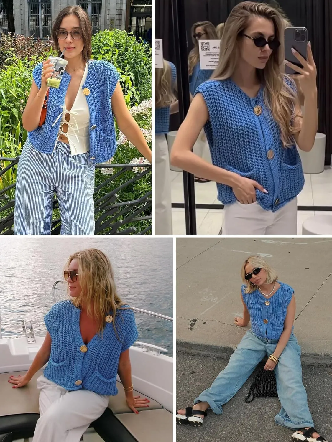 YKR Womens Chunky Knit Sweater Vest Sleeveless Button Down Cropped Cardigan Casual Knitted Crochet Vest with Pockets