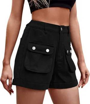 YOLAI Women's Summer High Waisted Denim Shorts Folded Hem Casual Jeans Short Streetwear Hip Hop Cargo Shorts with Pockets