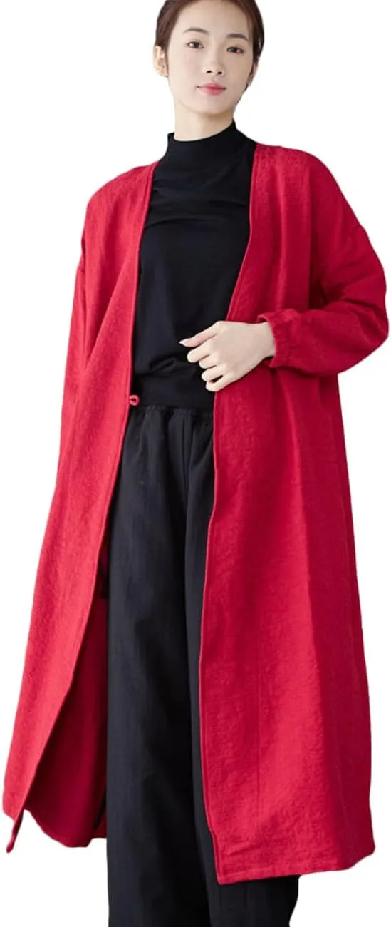 Ystylee Women's Vintage Maxi Long Trench Coat Cotton Linen Jacquard Open Front One Button Cardigan Dress Coat