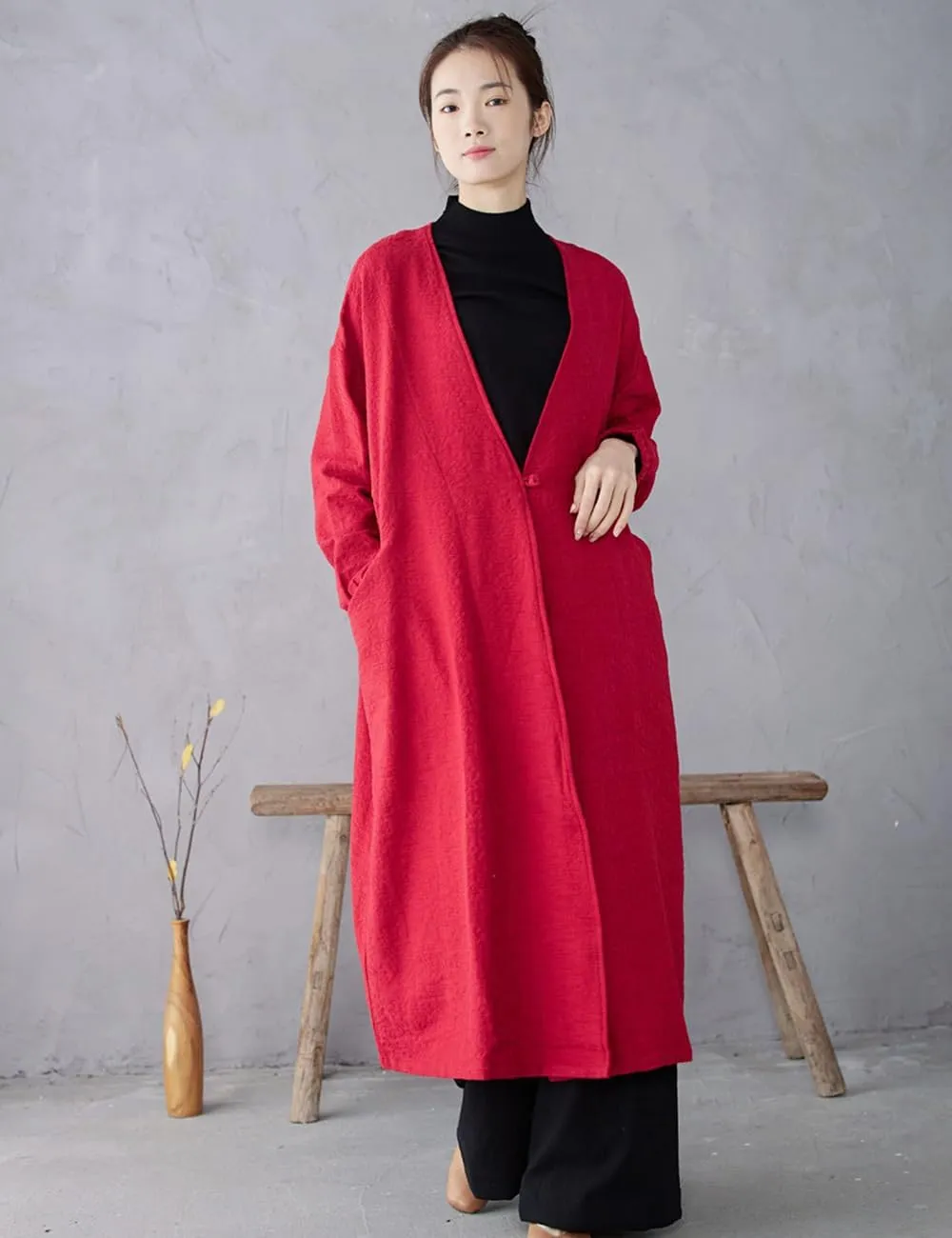 Ystylee Women's Vintage Maxi Long Trench Coat Cotton Linen Jacquard Open Front One Button Cardigan Dress Coat