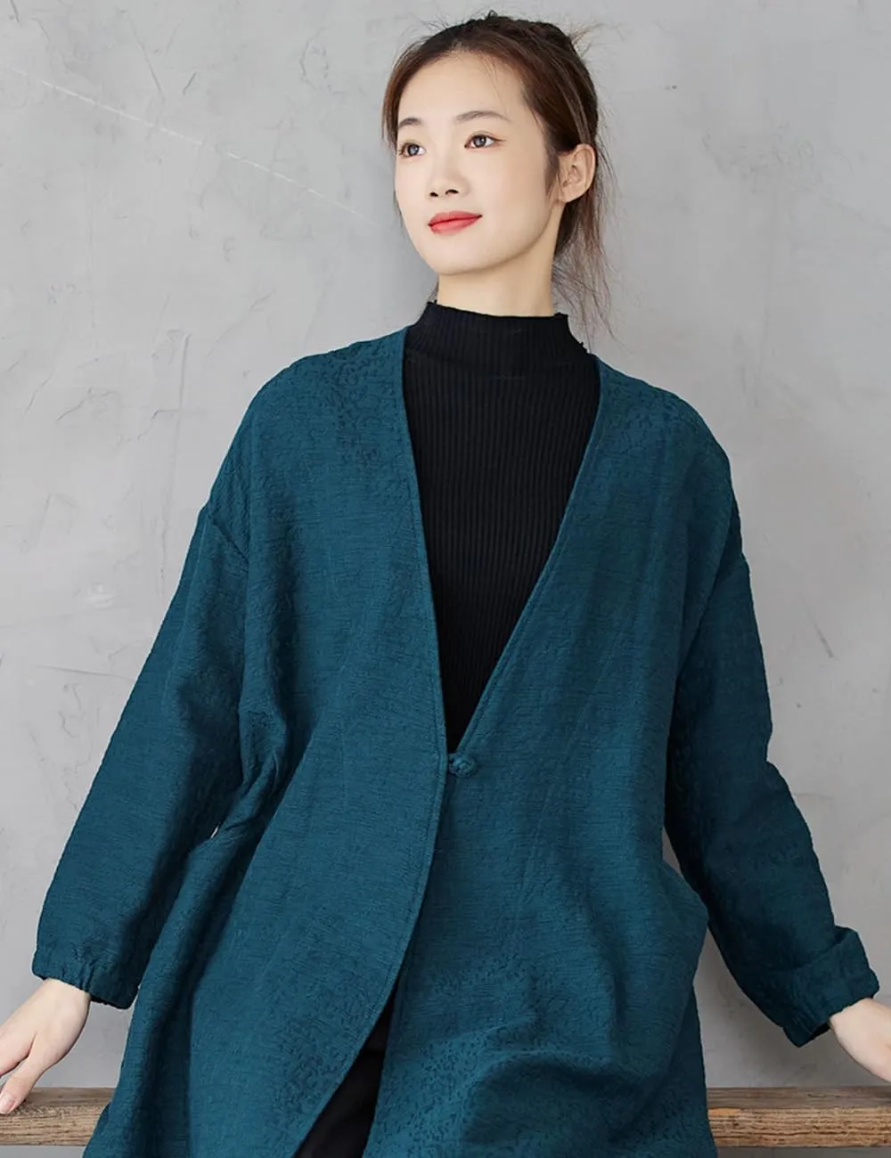 Ystylee Women's Vintage Maxi Long Trench Coat Cotton Linen Jacquard Open Front One Button Cardigan Dress Coat