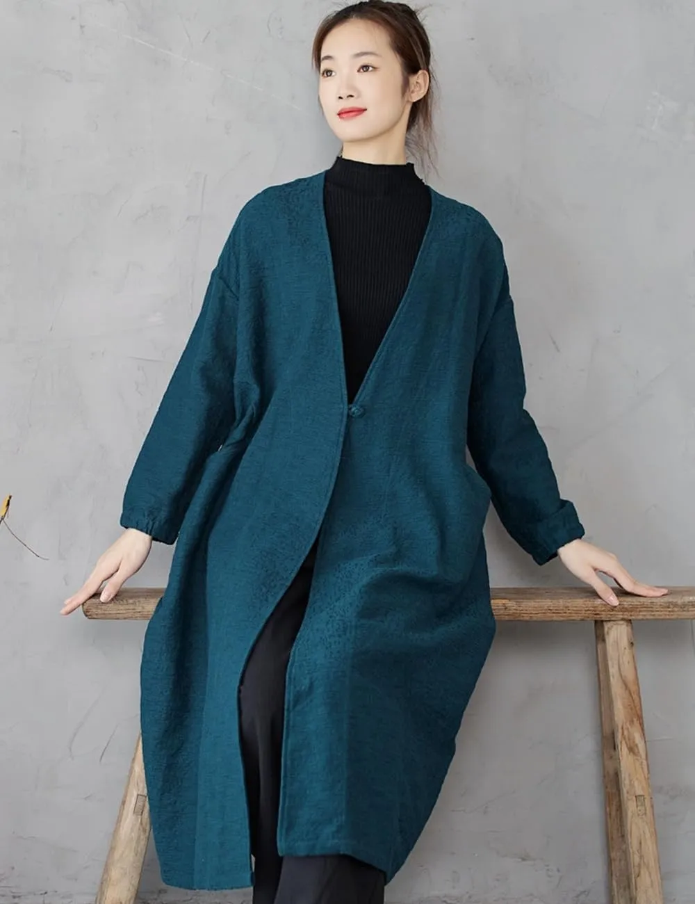 Ystylee Women's Vintage Maxi Long Trench Coat Cotton Linen Jacquard Open Front One Button Cardigan Dress Coat