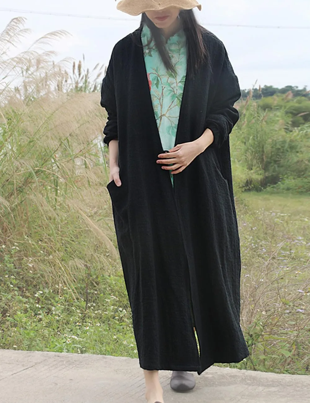 Ystylee Women's Vintage Maxi Long Trench Coat Cotton Linen Jacquard Open Front One Button Cardigan Dress Coat