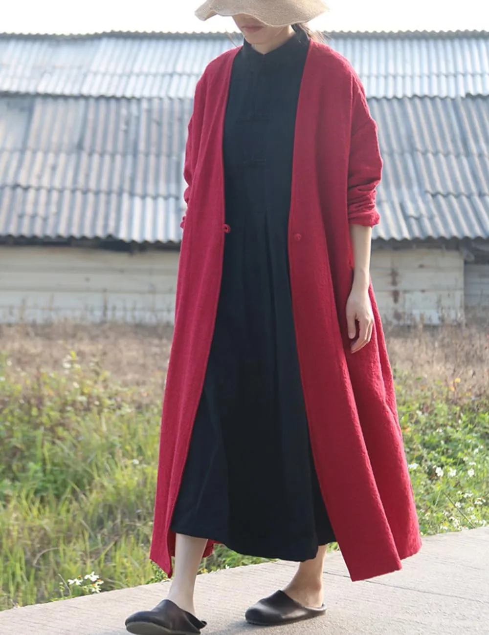Ystylee Women's Vintage Maxi Long Trench Coat Cotton Linen Jacquard Open Front One Button Cardigan Dress Coat