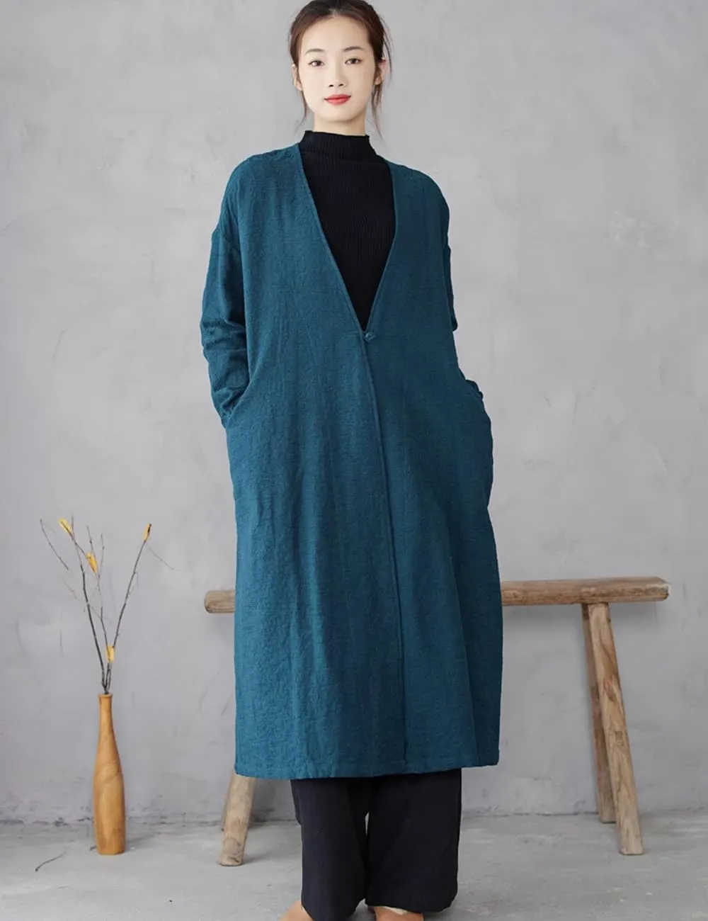 Ystylee Women's Vintage Maxi Long Trench Coat Cotton Linen Jacquard Open Front One Button Cardigan Dress Coat