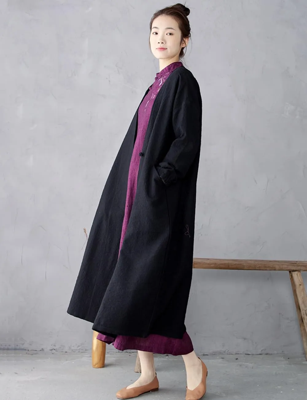 Ystylee Women's Vintage Maxi Long Trench Coat Cotton Linen Jacquard Open Front One Button Cardigan Dress Coat