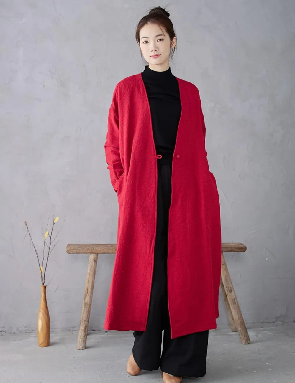 Ystylee Women's Vintage Maxi Long Trench Coat Cotton Linen Jacquard Open Front One Button Cardigan Dress Coat