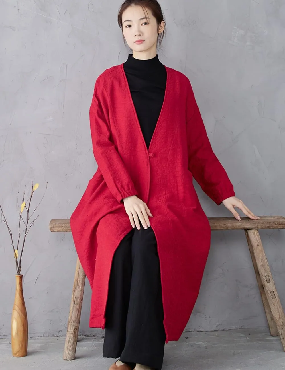 Ystylee Women's Vintage Maxi Long Trench Coat Cotton Linen Jacquard Open Front One Button Cardigan Dress Coat