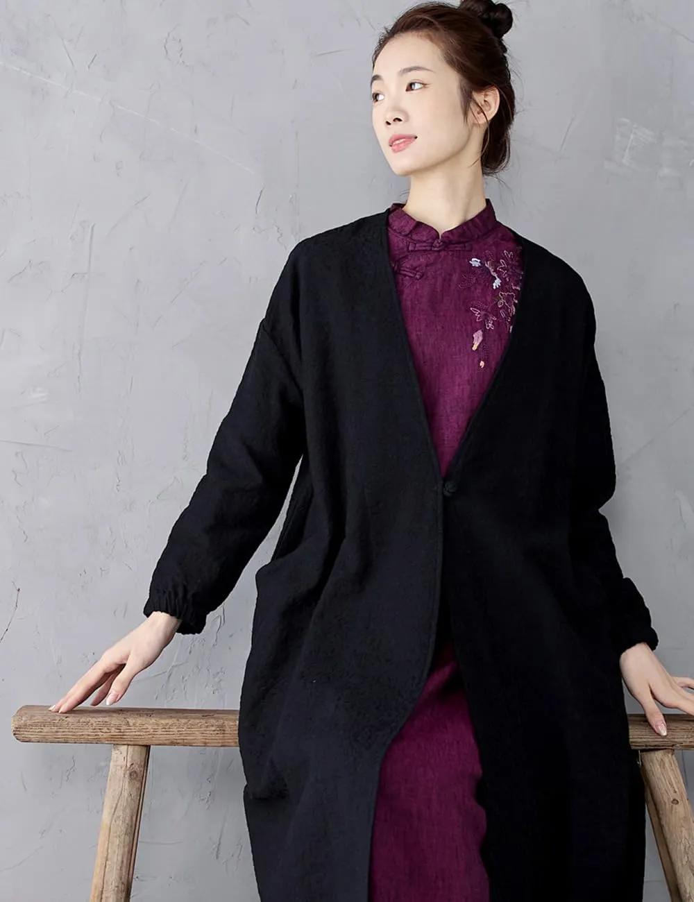 Ystylee Women's Vintage Maxi Long Trench Coat Cotton Linen Jacquard Open Front One Button Cardigan Dress Coat