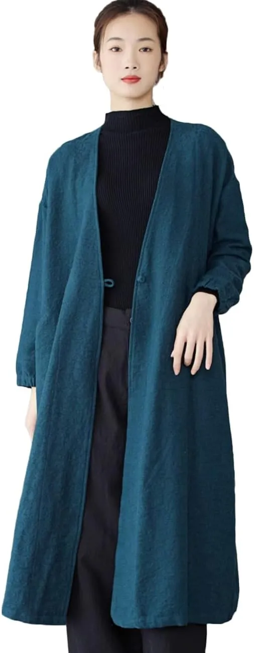 Ystylee Women's Vintage Maxi Long Trench Coat Cotton Linen Jacquard Open Front One Button Cardigan Dress Coat