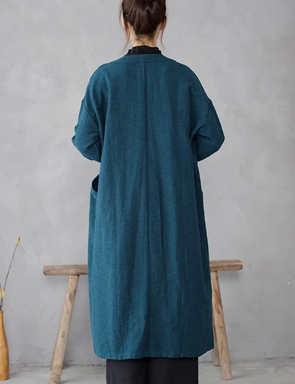 Ystylee Women's Vintage Maxi Long Trench Coat Cotton Linen Jacquard Open Front One Button Cardigan Dress Coat