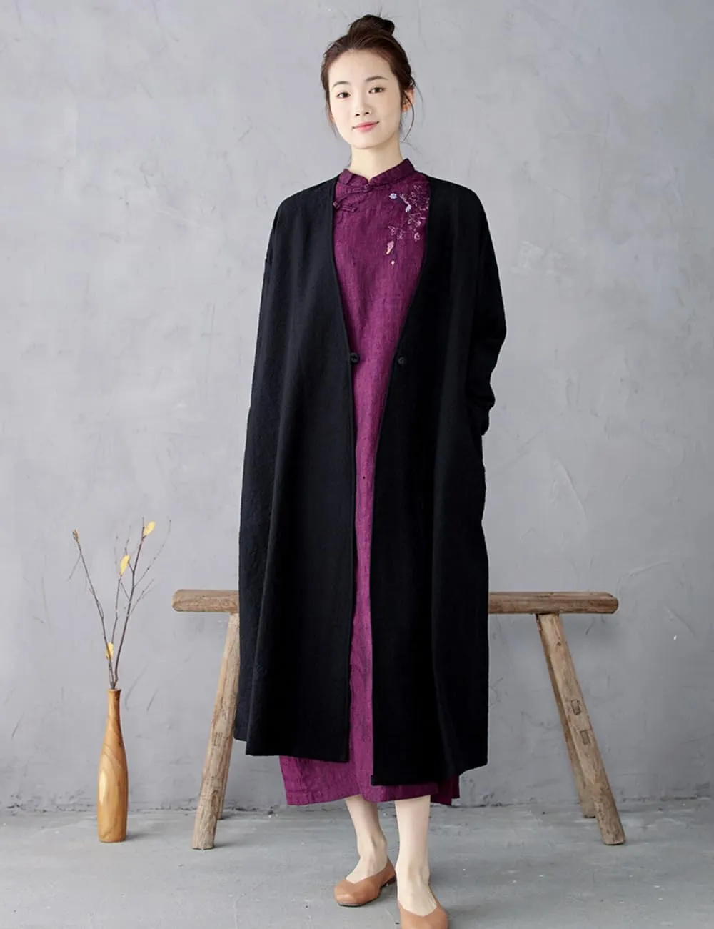 Ystylee Women's Vintage Maxi Long Trench Coat Cotton Linen Jacquard Open Front One Button Cardigan Dress Coat