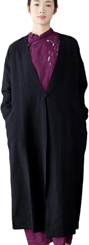 Ystylee Women's Vintage Maxi Long Trench Coat Cotton Linen Jacquard Open Front One Button Cardigan Dress Coat
