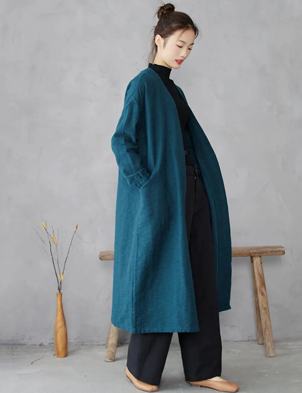 Ystylee Women's Vintage Maxi Long Trench Coat Cotton Linen Jacquard Open Front One Button Cardigan Dress Coat