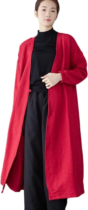 Ystylee Women's Vintage Maxi Long Trench Coat Cotton Linen Jacquard Open Front One Button Cardigan Dress Coat