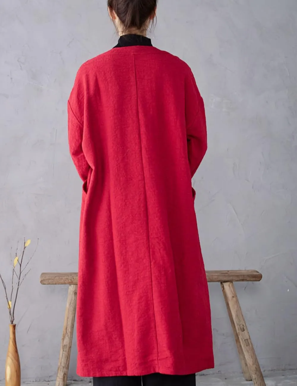 Ystylee Women's Vintage Maxi Long Trench Coat Cotton Linen Jacquard Open Front One Button Cardigan Dress Coat