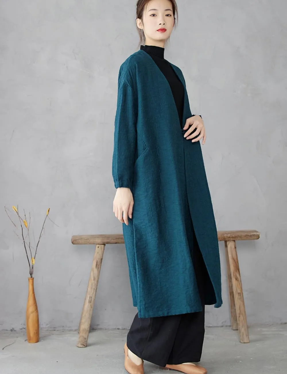 Ystylee Women's Vintage Maxi Long Trench Coat Cotton Linen Jacquard Open Front One Button Cardigan Dress Coat