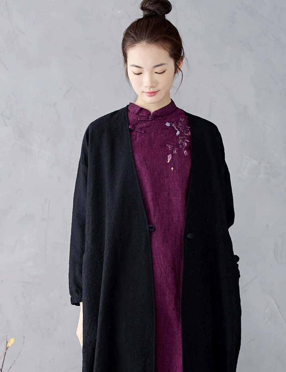Ystylee Women's Vintage Maxi Long Trench Coat Cotton Linen Jacquard Open Front One Button Cardigan Dress Coat