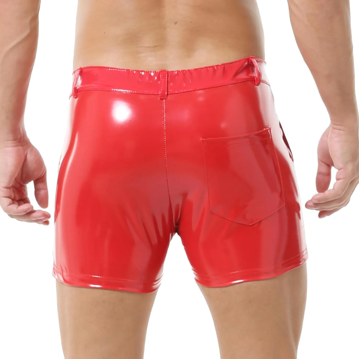 YUFEIDA Men's PU Leather Shorts Sexy Male Rave Hot Short Elastic Waistband Flat Front Shorts with Pockets for Men