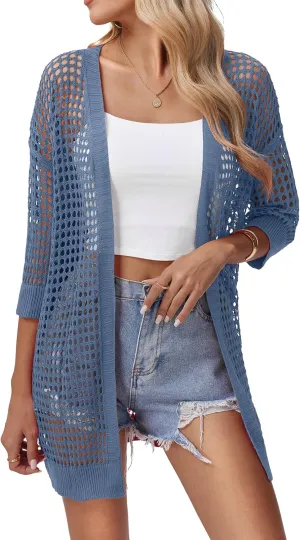 Zeagoo Women's 2025 Summer Crochet Lightweight Cardigan Short Sleeve Boho Kimono Oversized Open Front Sweater Tops