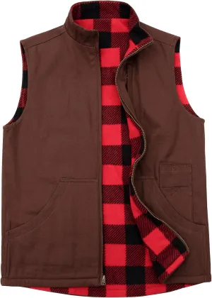 ZENTHACE Men's Reversible Casual Vest Flannel Fleece Lined Outdoor Work Safari Fishing Travel Vest Jacket