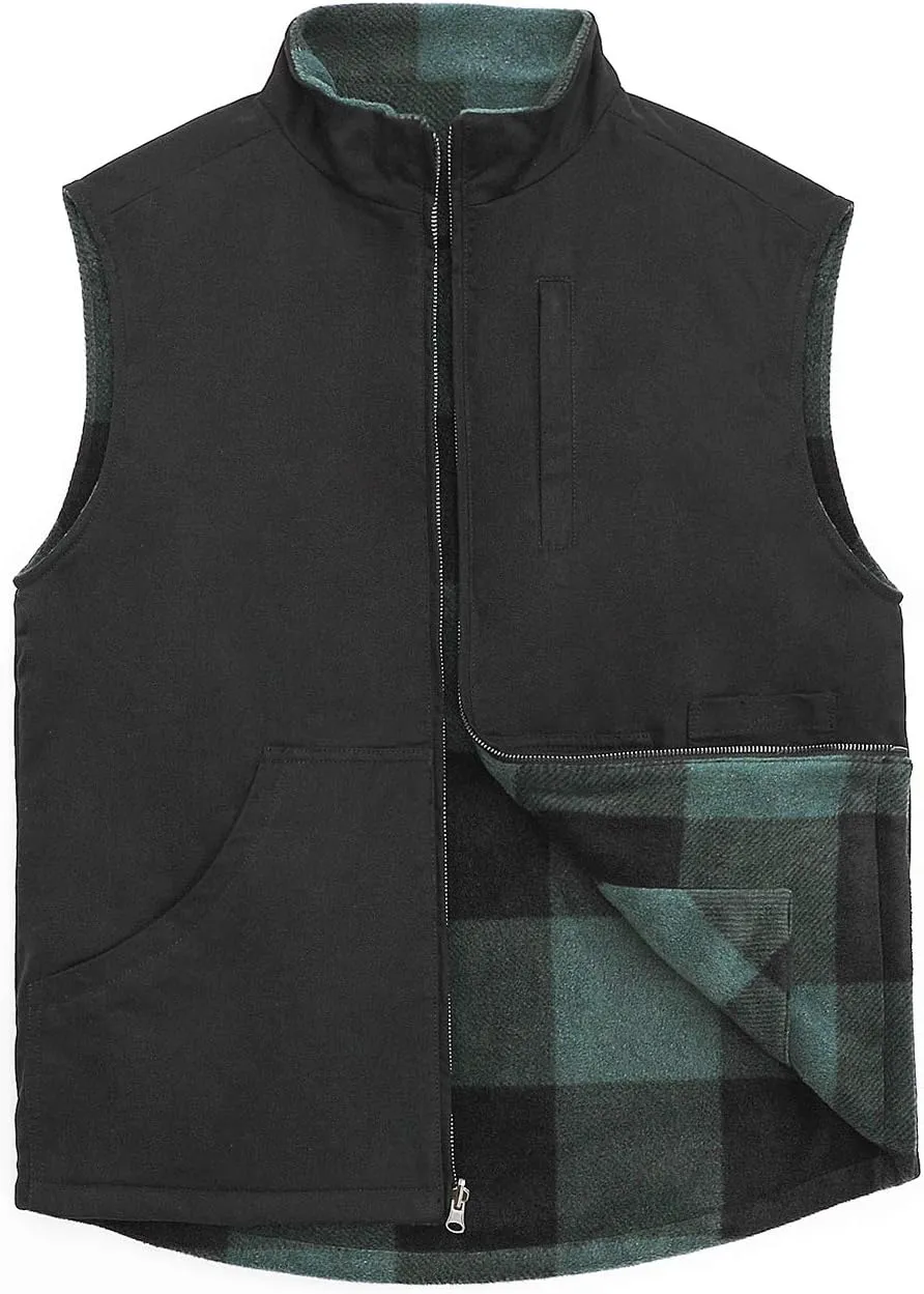 ZENTHACE Men's Reversible Casual Vest Flannel Fleece Lined Outdoor Work Safari Fishing Travel Vest Jacket