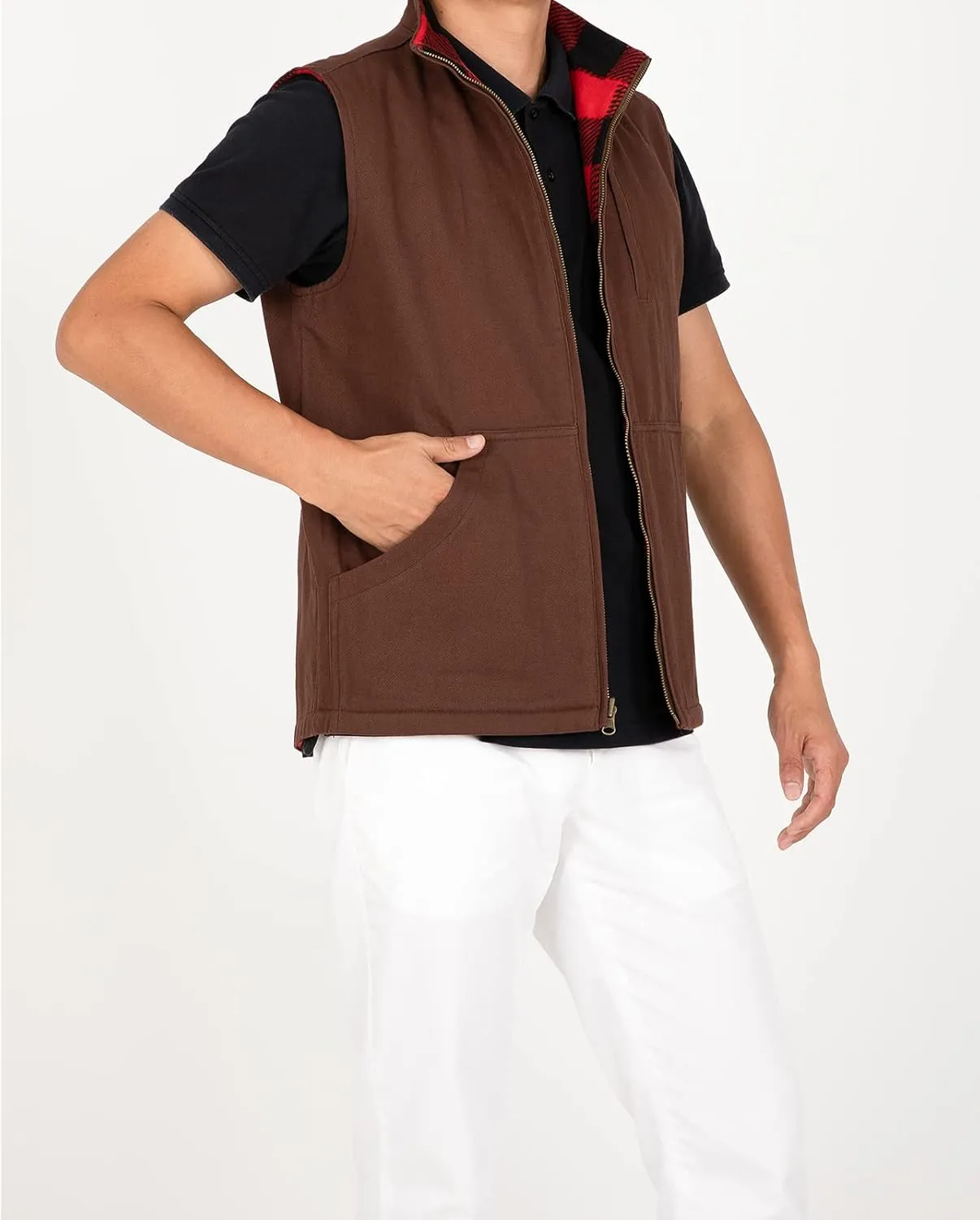 ZENTHACE Men's Reversible Casual Vest Flannel Fleece Lined Outdoor Work Safari Fishing Travel Vest Jacket