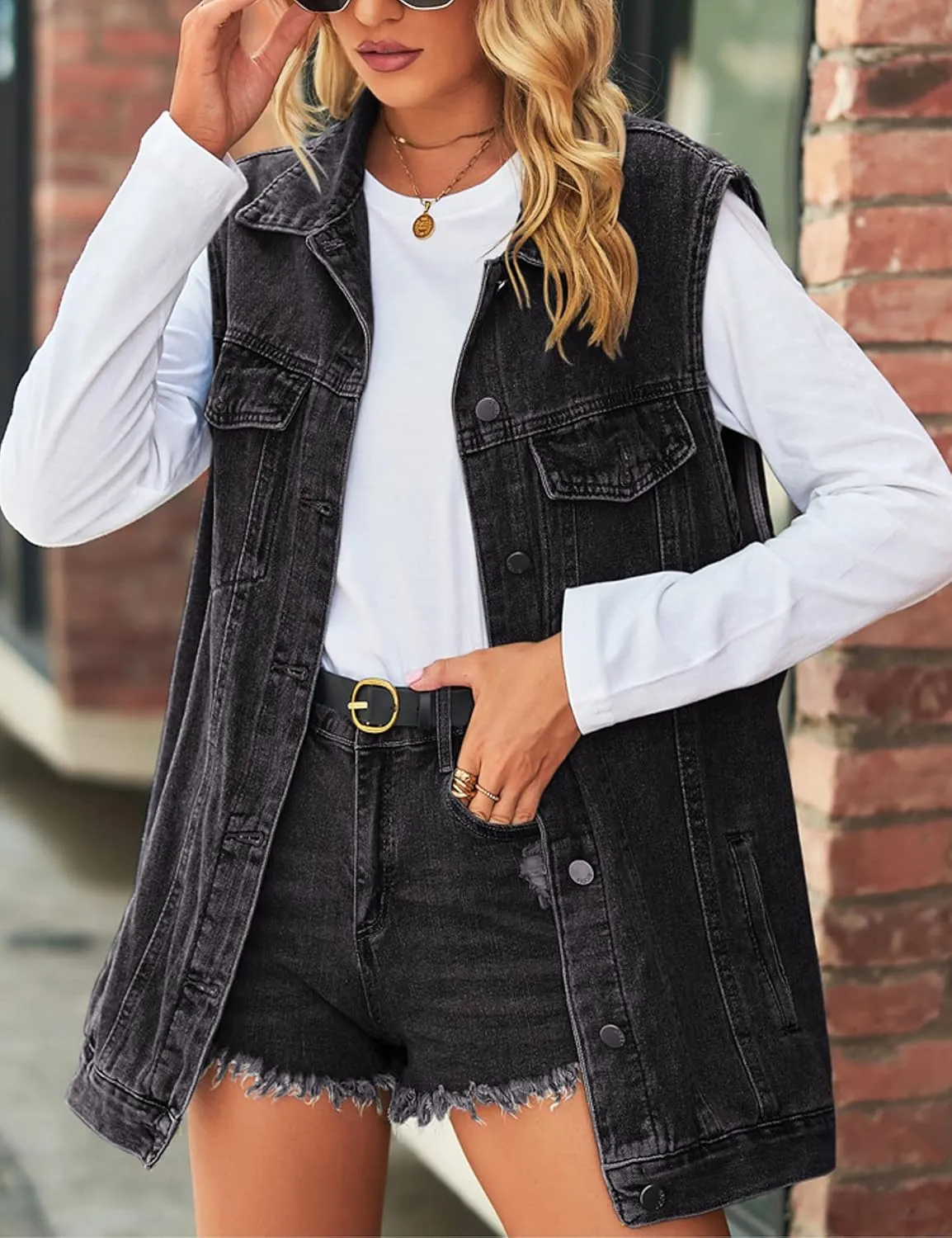 Zontroldy Denim Jean Vest for Women Sleeveless Oversized Button Down Denim Jean Vest Waistcoat Shacket Jacket