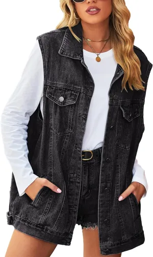 Zontroldy Denim Jean Vest for Women Sleeveless Oversized Button Down Denim Jean Vest Waistcoat Shacket Jacket