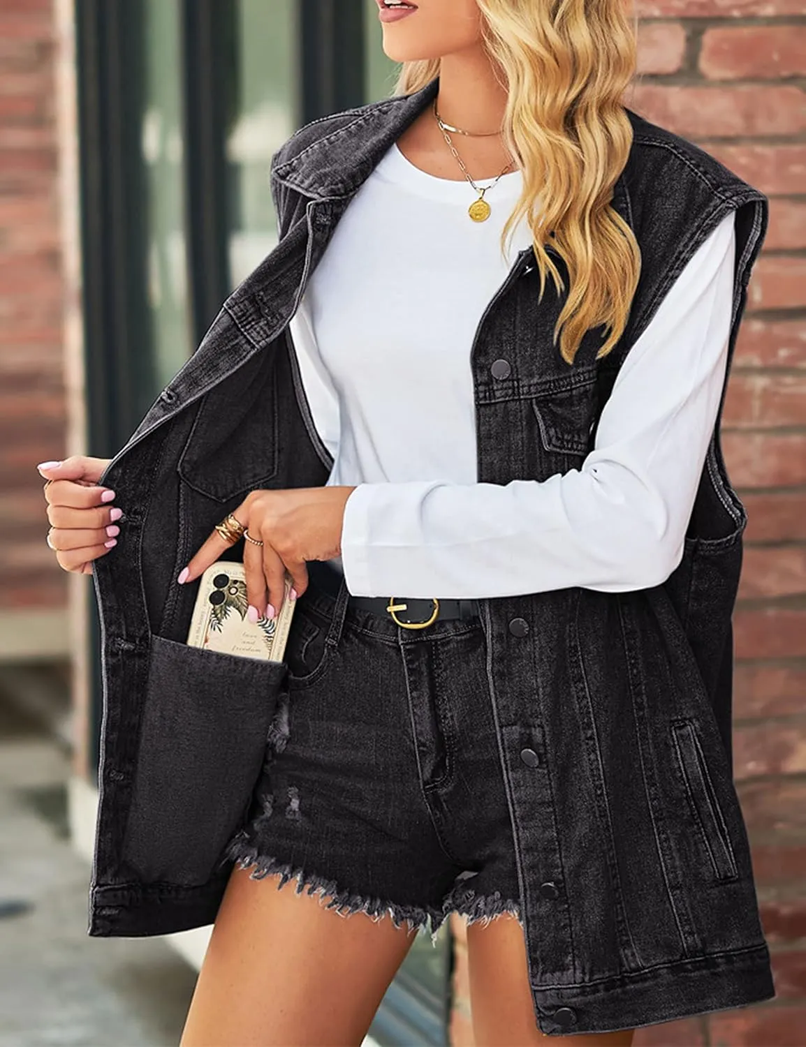Zontroldy Denim Jean Vest for Women Sleeveless Oversized Button Down Denim Jean Vest Waistcoat Shacket Jacket